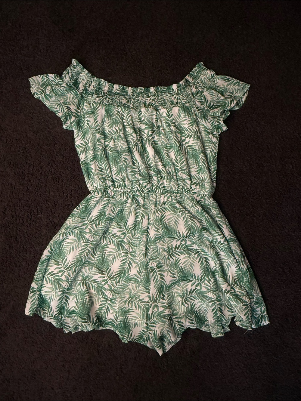 Francesca’s Leaf Off-Shoulder Romper with Scalloped Hem